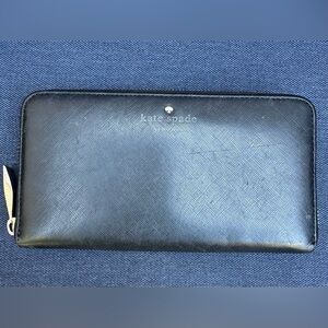 Kate Spade Black Leather Textured Zippy Wallet with Fun Polka Dot Interior